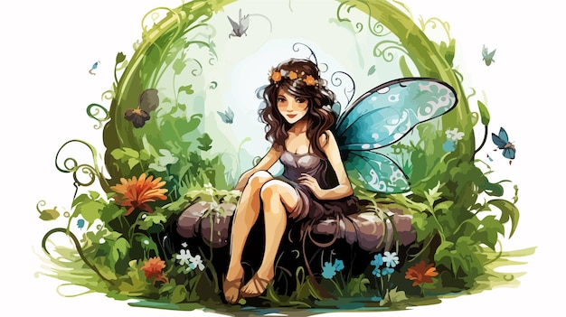 Vector enchanting fairy perched on circular border in whimsical illustration