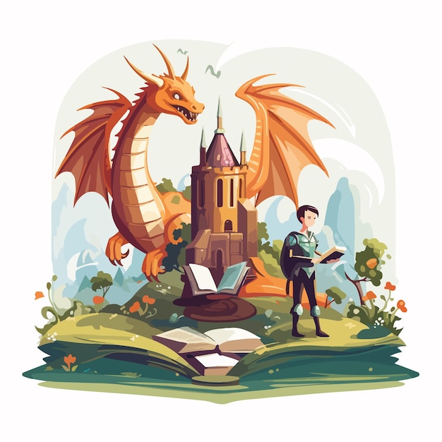 Enchanting Fairy Tale Book with Brave Knight and Majestic Dragon Illustration