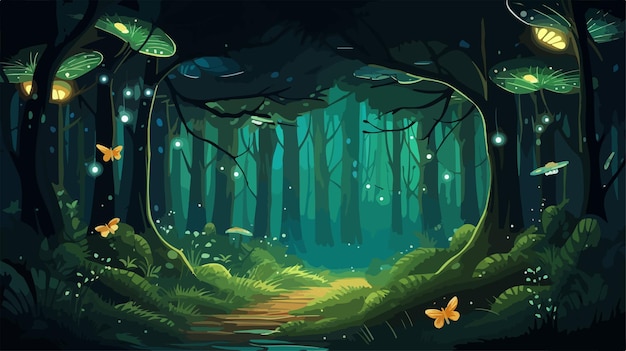 Vector enchanting firefly lights in mystical forest