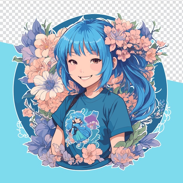 Enchanting Floral Charm Anime Girl with Blue Hair Vector for Versatile Use