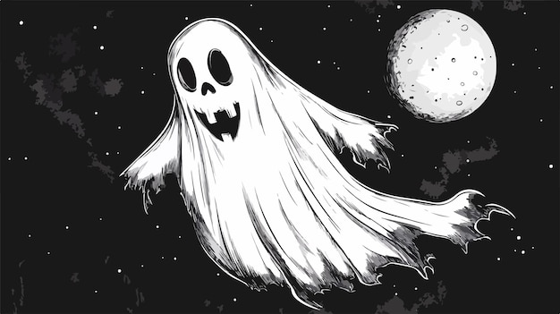 Vector enchanting ghost flying on moon background drawing