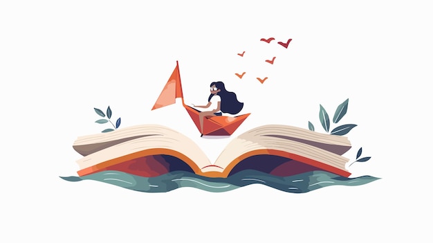 Vector enchanting giant book with tiny woman in paper boat flat illustration