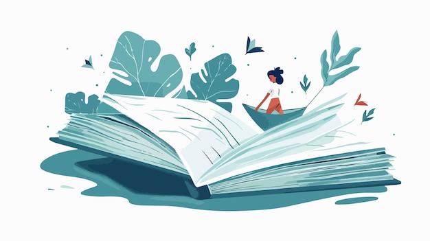 Enchanting Giant Book with Tiny Woman in Paper Boat Flat Illustration