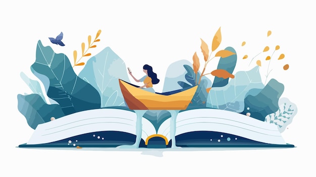 Enchanting Giant Book with Tiny Woman in Paper Boat Flat Illustration