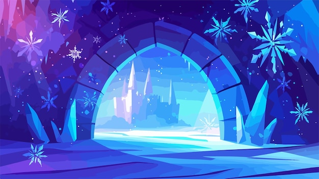 Vector enchanting ice castle reflecting violet snowflakes