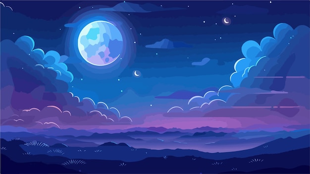 Vector enchanting landscape with moon stars and clouds in the night sky