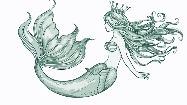 Vector enchanting mermaid girl with crown handdrawn vector illustration