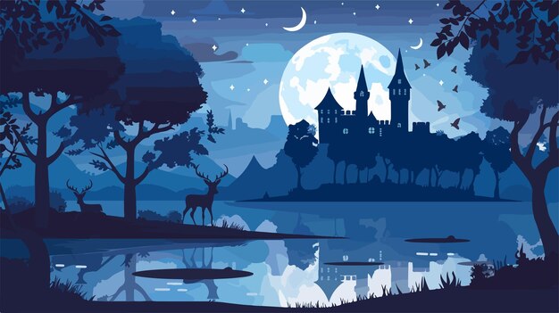 Vector enchanting moonlight scene with trees house deer and castle