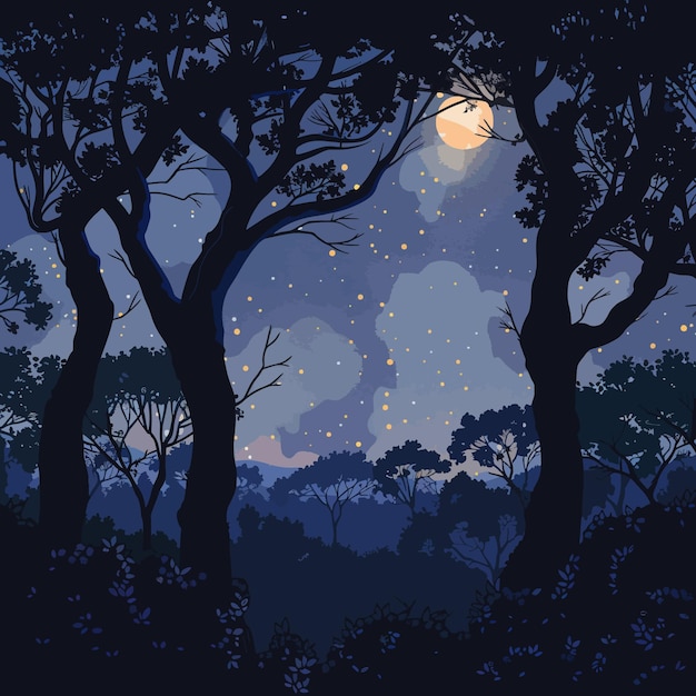 Vector enchanting night forest illustration