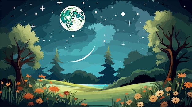 Vector enchanting night scene with full moon over garden