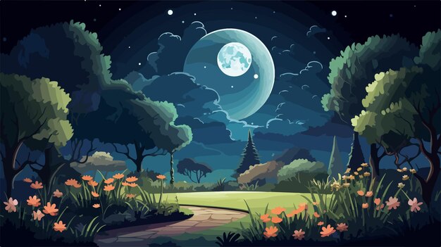 Vector enchanting night scene with full moon over garden