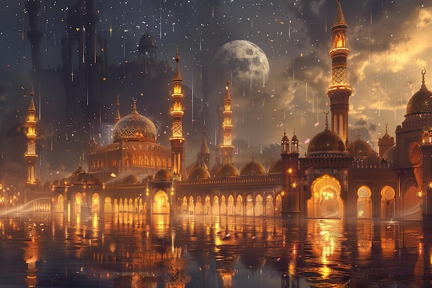 Vector an enchanting ramadan background featuring the holy city of mecca with its iconic minarets and masji