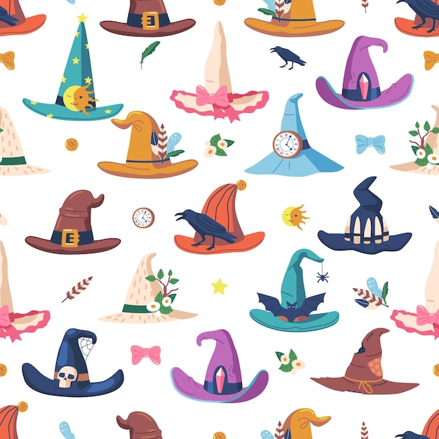 Enchanting Seamless Pattern Featuring Whimsical Magic Hats In A Whimsical Arrangement Creating An Enchanting Design Perfect For Fabric Wallpapers Or Digital Backgrounds Cartoon Vector Illustration