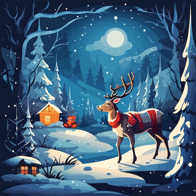 Vector enchanting snowy winter night with christmas elf and reindeer