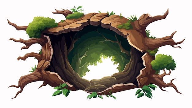 Vector enchanting tree hollow whimsical cartoon illustration of tree trunk with hole