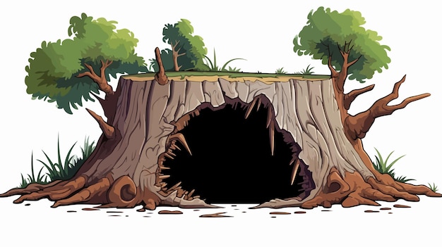 Vector enchanting tree hollow whimsical cartoon illustration of tree trunk with hole