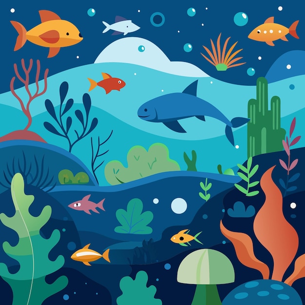 Vector enchanting underwater landscape with vibrant marine life