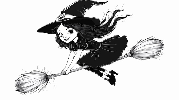 Vector enchanting witch flying broomstick isolated on white background