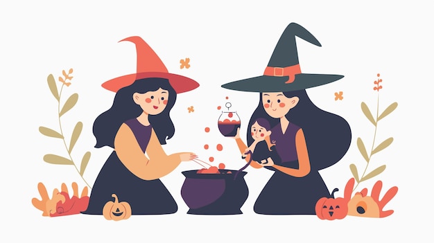 Enchanting Witch and Girl with Cauldron in Witch Hat Fantasy Scene