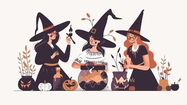 Enchanting Witch and Girl with Cauldron in Witch Hat Fantasy Scene