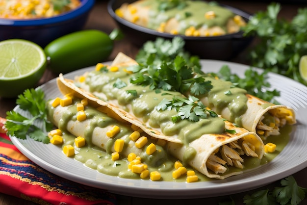 Enchiladas Verdes Corn tortillas filled with chicken and covered in a tangy green tomatillo sauce