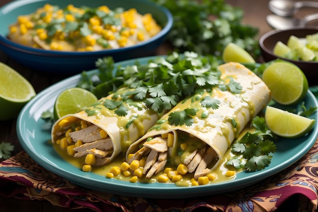 Enchiladas Verdes Corn tortillas filled with chicken and covered in a tangy green tomatillo sauce