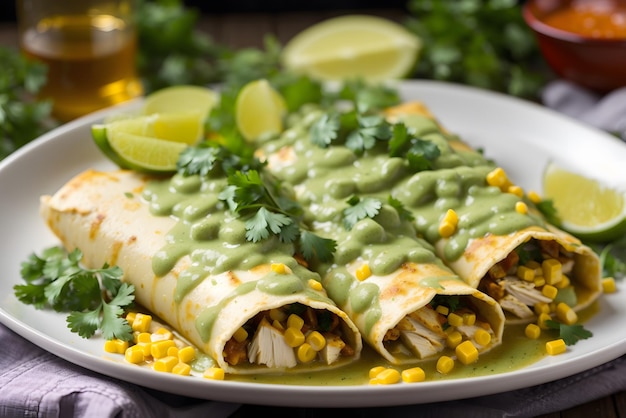 Enchiladas Verdes Corn tortillas filled with chicken and covered in a tangy green tomatillo sauce