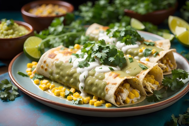 Enchiladas Verdes Corn tortillas filled with chicken and covered in a tangy green tomatillo sauce