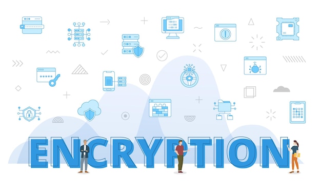 Encryption concept with big words and people surrounded by related icon with blue color style