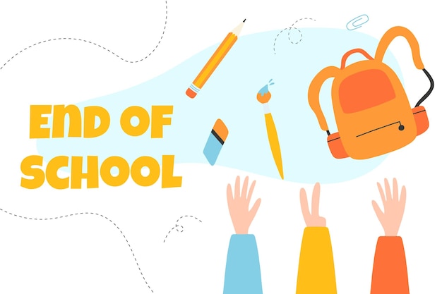 End of school Poster banner end of school Last day of school Graduates throw school items in the air Vector illustration Flat cartoon style