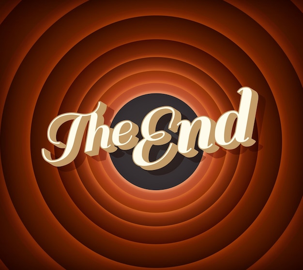 End screen movie cinema film circle background Retro movie ending screen vector round frame poster Vintage cinema theater video studio and motion picture background cinematography entertainment