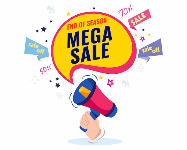 End of season winter mega sale. Megaphone with sale Announcement. Christmas and happy new year.