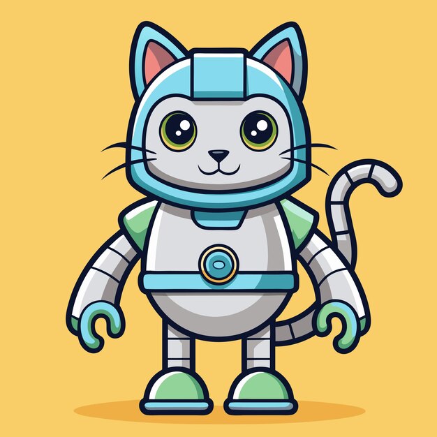 Endearing Cat Robot Standing Proudly Cartoon Vector Illustration