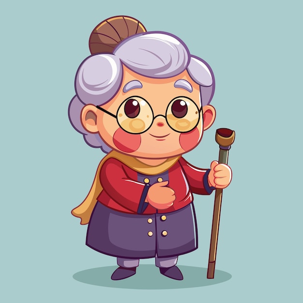 Vector endearing elderly lady with walking stick cartoon vector art