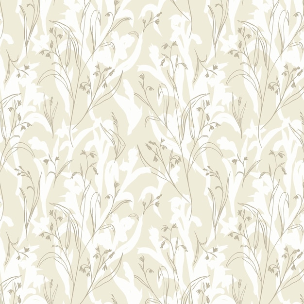 Vector endless beige floral pattern of casual hand drawn plants