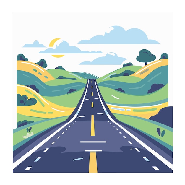 Endless road stretching through rolling hills under blue sky cartoon style Peaceful landscape