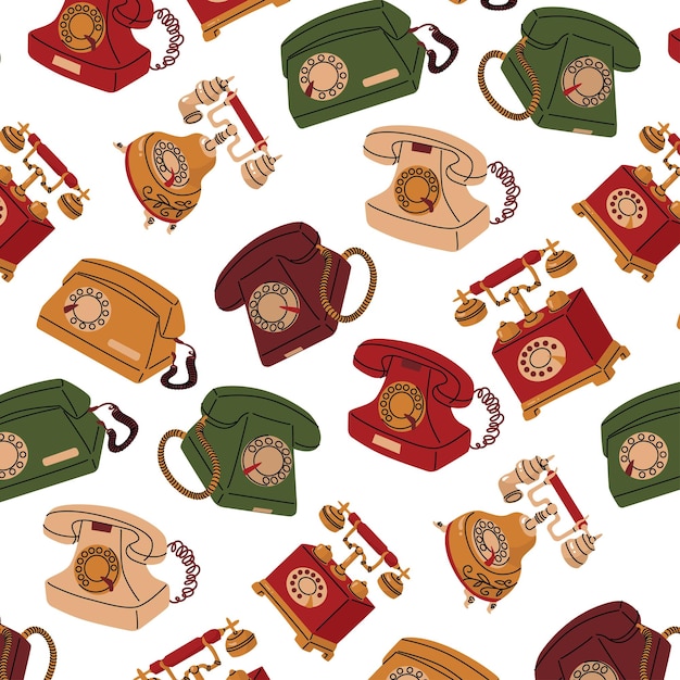 Endless seamless pattern on the theme of telephones in vintage style The evolution of communication technologies Vector illustration for paper and textile in cartoon style