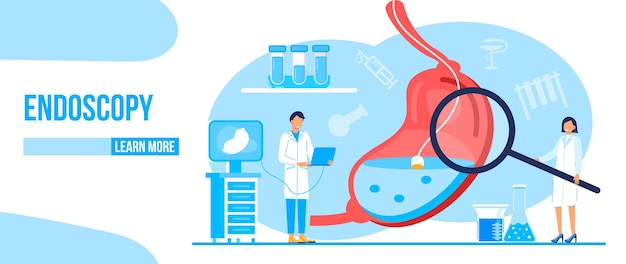 Endoscopy healthcare technology concept vector Tiny doctors research stomach Gastroenterology illustration for medical blog website