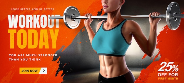 Energetic 3d barbell fitness banner