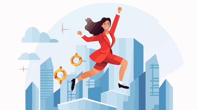 Vector energetic businesswoman jumping with joy in vector flat style