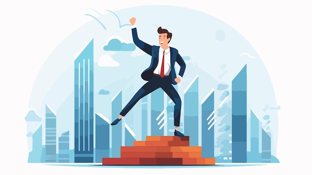 Vector energetic businesswoman jumping with joy in vector flat style