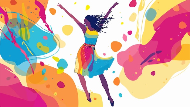 Vector energetic female dancer performing against vibrant colorful background in flat vector style