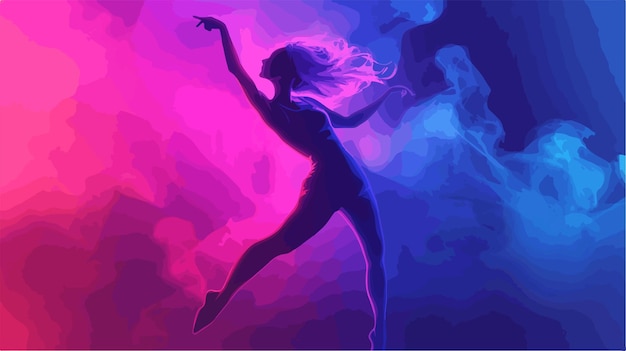 Vector energetic girl dancing on neon background in light clothes