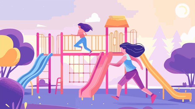 Energetic Girl Playing in Playground Vector Illustration