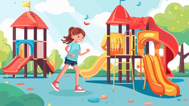 Energetic Girl Playing in Playground Vector Illustration