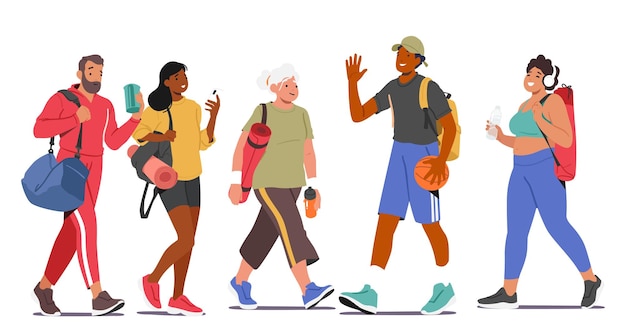 Vector energetic and healthy lifestyle concept with male and female characters walking to gym carrying workout gear and water