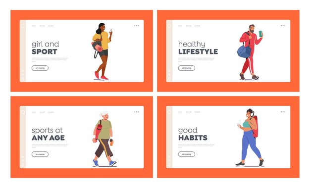 Vector energetic and healthy lifestyle landing page template set characters walking to gym carrying workout gear