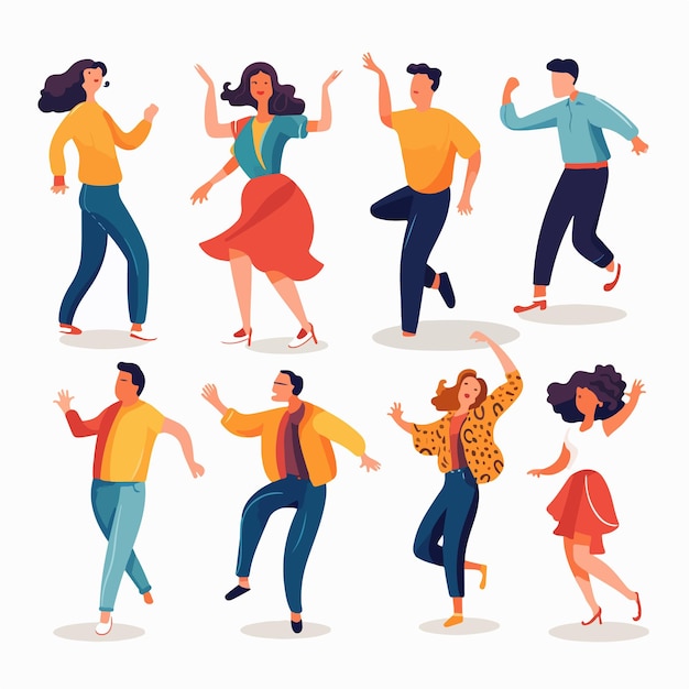 Vector energetic set of dancing people enjoying on white background