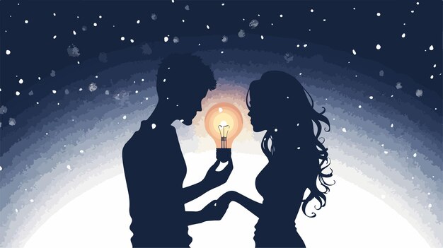 Vector energetic young couple embracing night with illuminated bulb outdoors