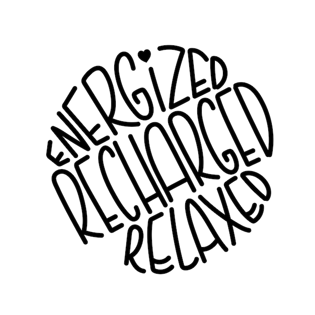 Energized recharged relaxed lettering in a round shape. Isolated vector design on a white background